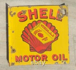 1930's Original Vieux Rare Shell Motor Oil Gas Station Émail Porcelaine Panneau