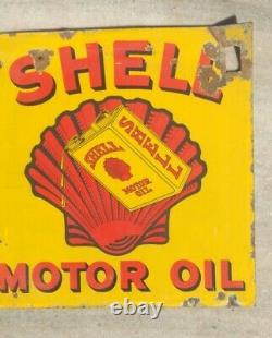 1930's Original Vieux Rare Shell Motor Oil Gas Station Émail Porcelaine Panneau