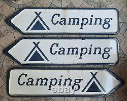 3 Anciennes plaques émaillées direction CAMPING vacances tente 100x25cm