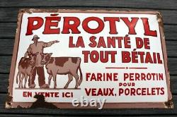 AncIenne plaque émaillée bombée PEROTYL 1930, aliment bétail veau porc, pur jus