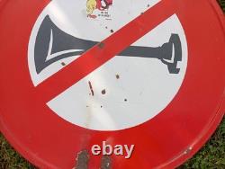 Ancien Panneau Emaillee Routier Interdit Klaxon Diametre 70 CM