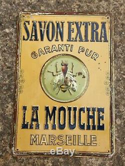 Ancien Tole Publicitaire Lithographie Savon La Mouche Marseille Plaque Emaillee