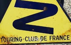 Ancien grand panneau de signalisation émaillée Touring club de France virage