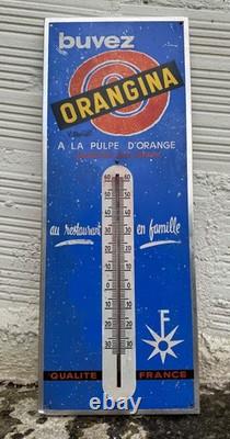 Ancien thermomètre tôle litho ORANGINA Villemot Jost n plaque émaillée soda bar