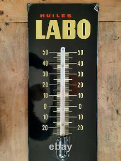 Ancienn plaque émaillée thermomètre HUILES LABO Garage Automobilia E. A. S 31x97cm