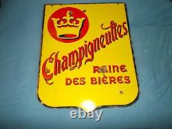 Ancienne PLAQUE ÉMAILLÉE BIÈRE CHAMPIGNEULLES jaune double face couronne 1956