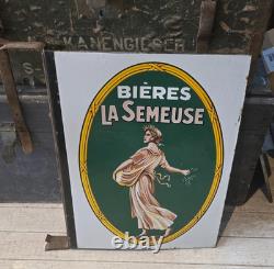 Ancienne Plaque Emaillee Bieres La Semeuse Double Face Avec Son Attache D'orige