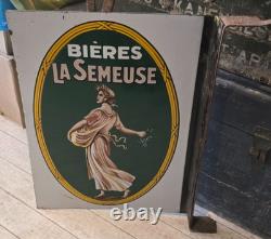 Ancienne Plaque Emaillee Bieres La Semeuse Double Face Avec Son Attache D'orige