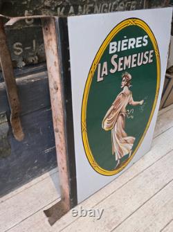Ancienne Plaque Emaillee Bieres La Semeuse Double Face Avec Son Attache D'orige