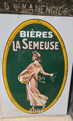 Ancienne Plaque Emaillee Bieres La Semeuse Double Face Avec Son Attache D'orige