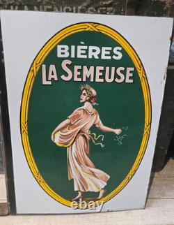 Ancienne Plaque Emaillee Bieres La Semeuse Double Face Avec Son Attache D'orige