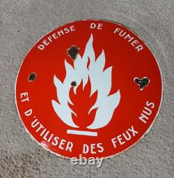 Ancienne Plaque Emaillée Bombée 39 cm Defense De Fumer Industrial Enamel Sign