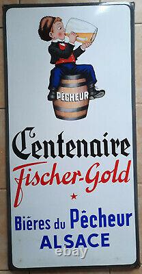 Ancienne Plaque Emaillée CENTENAIRE FISCHER GOLD BIERES PECHEUR ALSACE 48x98cm