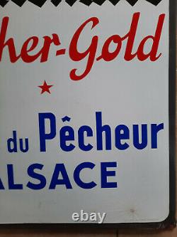 Ancienne Plaque Emaillée CENTENAIRE FISCHER GOLD BIERES PECHEUR ALSACE 48x98cm