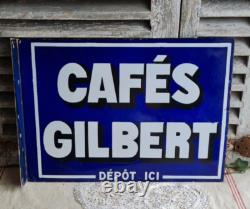 Ancienne Plaque Emaillee Double Face Equerre Cafe Gilbert