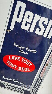 Ancienne Plaque Emaillee Double Face Equerre Publicitaire Persil