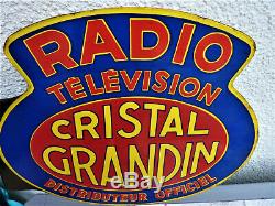 Ancienne Plaque Émaillée Double Faces Radio Télévision Cristal Grandin 1930