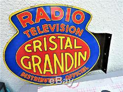 Ancienne Plaque Émaillée Double Faces Radio Télévision Cristal Grandin 1930