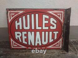 Ancienne Plaque Émaillée Huiles Renault, Équerre Double Face