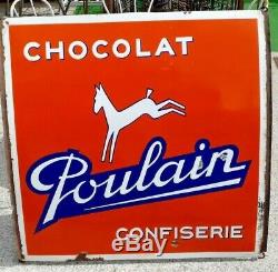 Ancienne Plaque Émaillée Publicitaire Chocolat Poulain Confiserie vers 1940