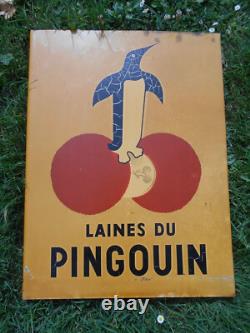 Ancienne Plaque Emaillee Publicitaire Laines Du Pingouin Double Face Tôle Peinte