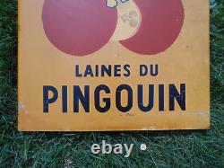 Ancienne Plaque Emaillee Publicitaire Laines Du Pingouin Double Face Tôle Peinte
