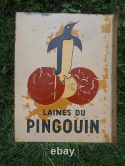 Ancienne Plaque Emaillee Publicitaire Laines Du Pingouin Double Face Tôle Peinte