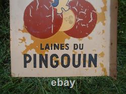 Ancienne Plaque Emaillee Publicitaire Laines Du Pingouin Double Face Tôle Peinte