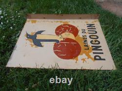 Ancienne Plaque Emaillee Publicitaire Laines Du Pingouin Double Face Tôle Peinte