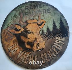Ancienne Plaque Tole lithographiée Crème de Gruyère LA VACHE SERIEUSE 1920 50cm