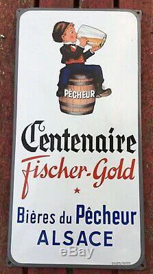 Ancienne Plaque émaillée Bière Du Pêcheur Fischer Gold Alsace 1950 Eas Bistro