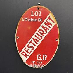 Ancienne Plaque émaillée Licence RESTAURANT GR Loi 1941 (numéro 349)