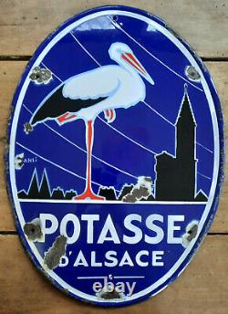 Ancienne Plaque émaillée POTASSE D'ALSACE cigogne par Hansi 43x60cm E A S