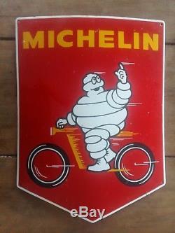 Ancienne Plaque émaillée bombée MICHELIN BIBENDUM Vélo 44x60cm