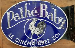Ancienne Plaque émaillée double face PATHE BABY Cinéma Film Coq 37x54cm 30's