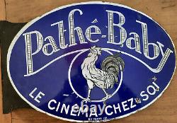 Ancienne Plaque émaillée double face PATHE BABY Cinéma Film Coq 37x54cm 30's