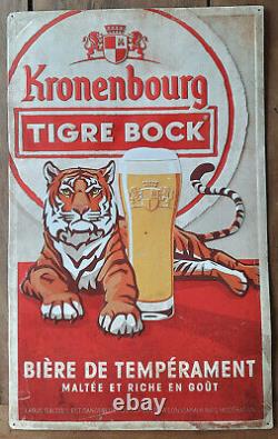 Ancienne Plaque en tôle embossée TIGRE BOCK KRONENBOURG deco bar café 48x79cm