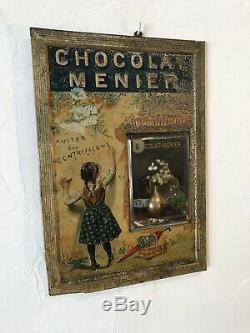 Ancienne Tole Lithographie Plaque Emaillee Miroir Chocolat Menier Suchard Milka