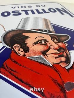 Ancienne et authentique plaque émaillée vin du postillon plate à oreilles