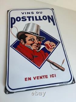 Ancienne et authentique plaque émaillée vin du postillon plate à oreilles