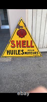 Ancienne plaque émaillée Triangle SHELL DOUBLE FACE huile Garage moteur année 30