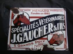 Ancienne plaque émaillée bombée J. GAUCHER produits vétérinaires, années 1930
