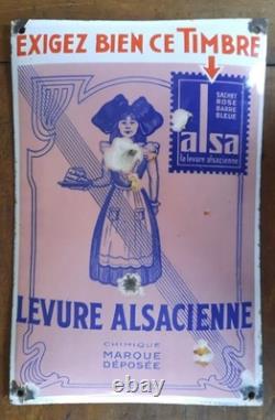 Ancienne plaque émaillée bombée TIMBRE LEVURE ALSACIENNE ALSA Eas 29,5x19cm