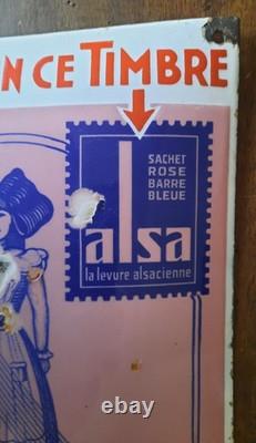 Ancienne plaque émaillée bombée TIMBRE LEVURE ALSACIENNE ALSA Eas 29,5x19cm