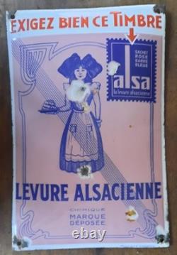 Ancienne plaque émaillée bombée TIMBRE LEVURE ALSACIENNE ALSA Eas 29,5x19cm