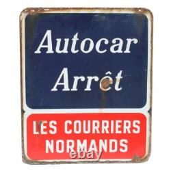 Ancienne plaque émaillée double face Autocar Arrêt / Les Courriers Normands