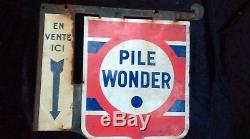 Ancienne plaque émaillée double face PILE WONDER, vintage, garage, no copie