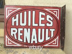 Ancienne plaque émaillée double face, huiles Renault