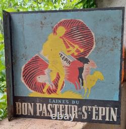 Ancienne plaque en métal peinte Enseigne drapeau Laines du Bon Pasteur & St Epin