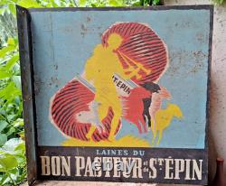 Ancienne plaque en métal peinte Enseigne drapeau Laines du Bon Pasteur & St Epin